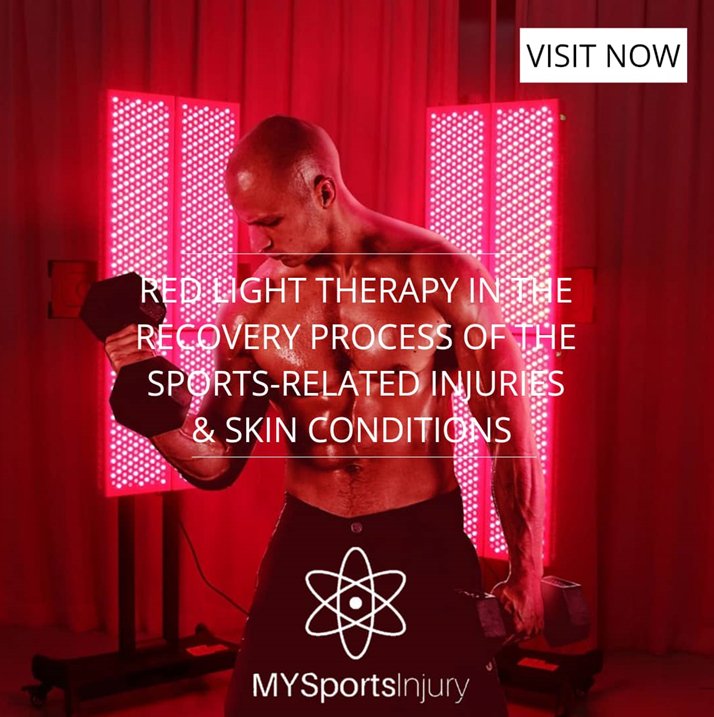 Graphic reading Red Light Therapy in the Recovery Process of Sports-Related Injuries and Skin Conditions, showing a man standing between red light panels