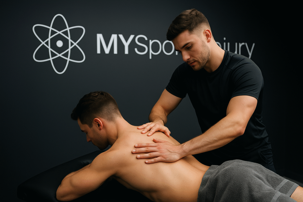A MY Sports Injury therapist delivering hands-on sports massage to a patient's upper back and shoulders.
