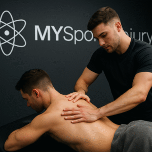 A MY Sports Injury therapist delivering hands-on sports massage to a patient's upper back and shoulders.