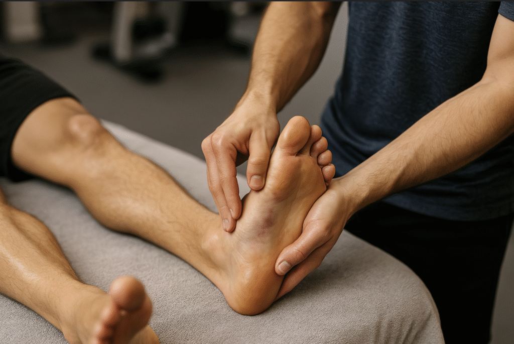 Therapist working with both thumbs into the sole of a client's foot during a foot massage