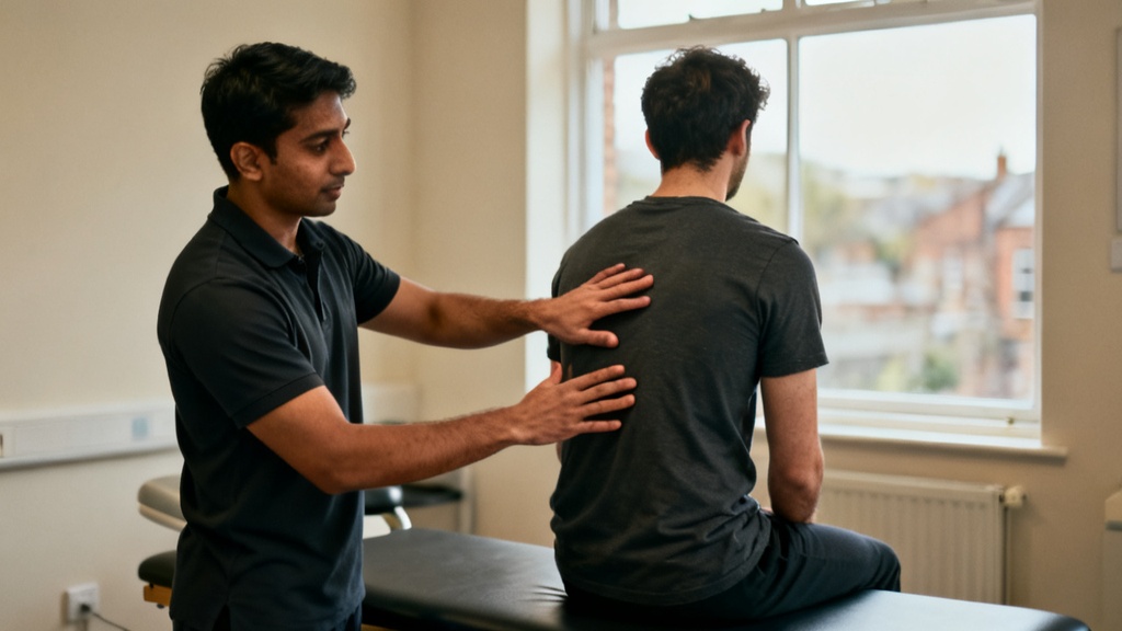 A physiotherapist in a black clinic polo standing beside a seated patient, both hands placed on the patient's mid back during an assessment, with Manchester red-brick buildings through the window behind them.